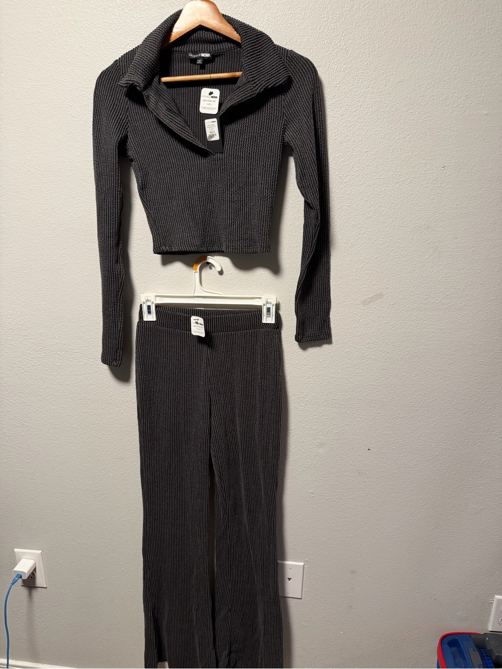 Fashion Nova Black Ribbed Wide-Leg Jumpsuit Set